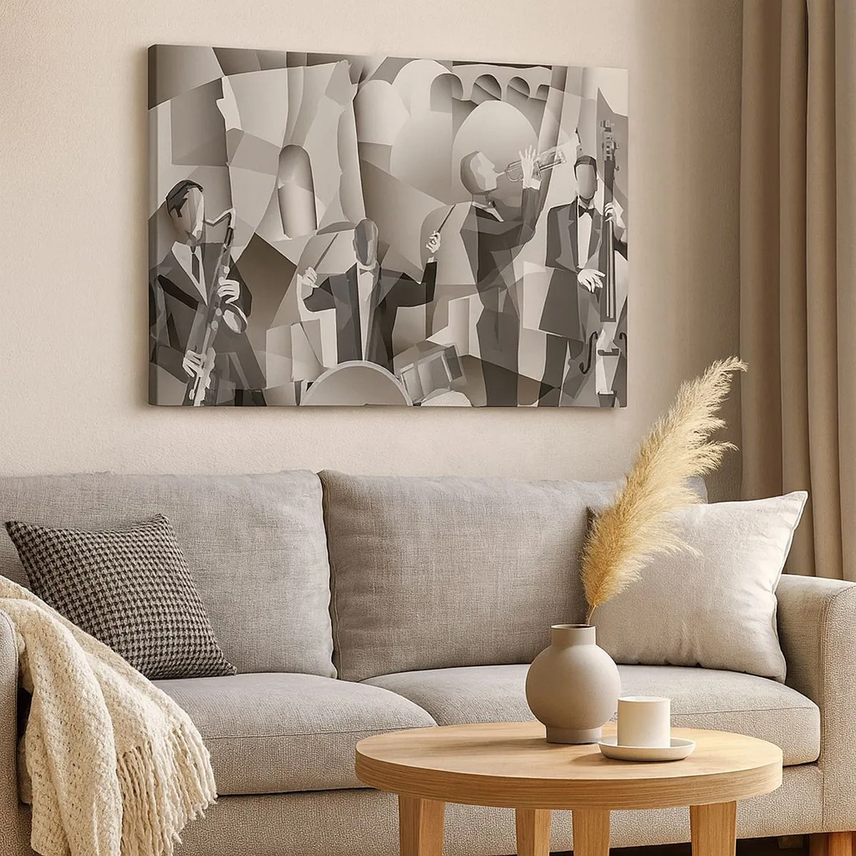 Tablou pe pânză Canvas - Scenă abstractă cu muzicieni de jazz în nuanțe de gri. - 70x50cm - În spațiul sunetelor - Decorațiune modernă pentru perete pentru living și dormitor ARTTOR