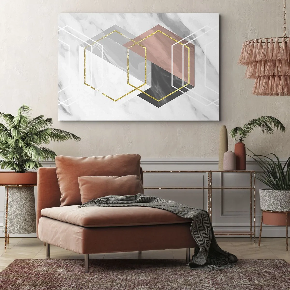 Tablou pe pânză Canvas - Figuri geometrice cu accente de aur și marmură - 70x50cm - Compoziția lanțului - Decorațiune modernă pentru perete pentru living și dormitor ARTTOR