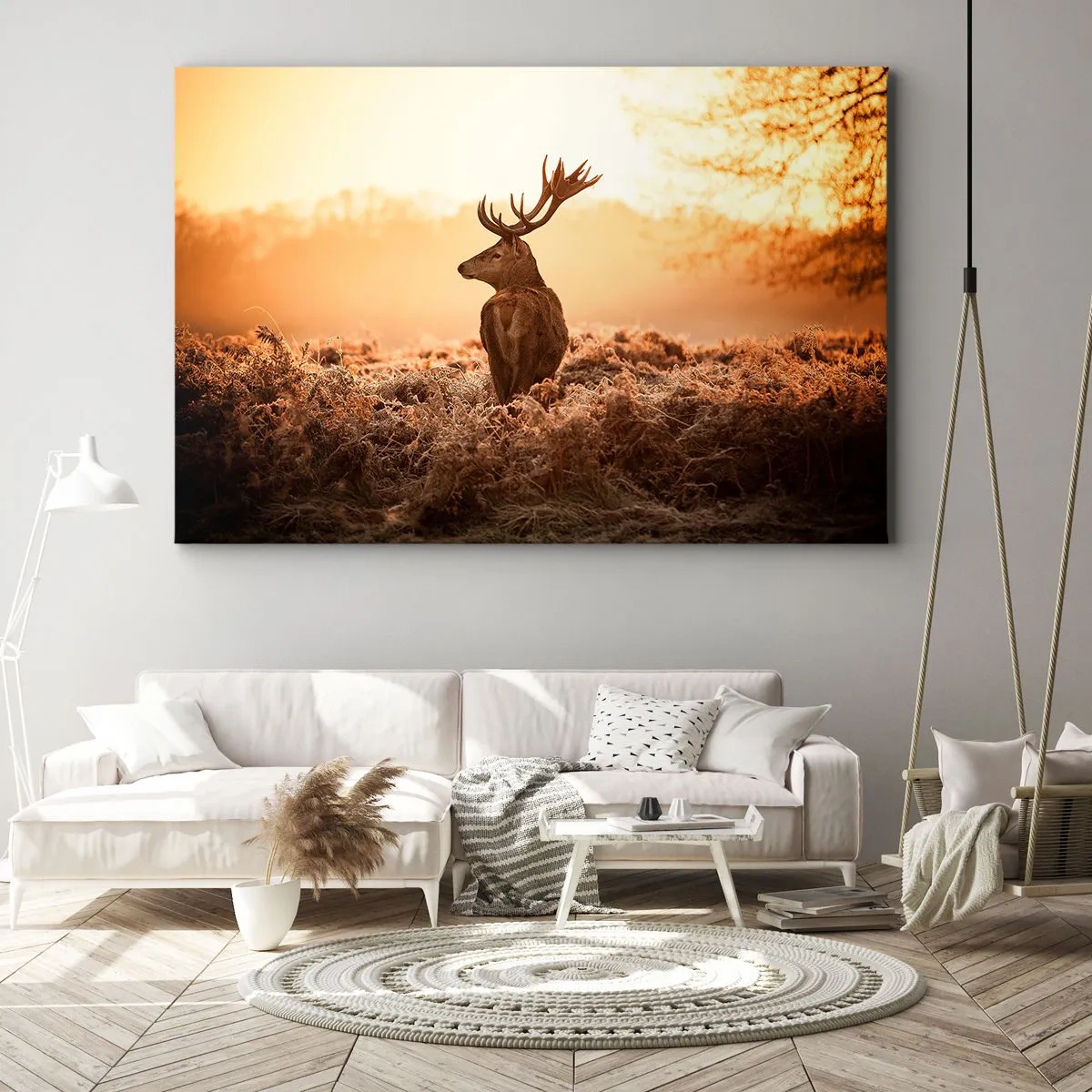 Tablou pe pânză Canvas - Cerbi în razele soarelui care răsare - 70x50cm - Stăpânul conacului - Decorațiune modernă pentru perete pentru living și dormitor ARTTOR