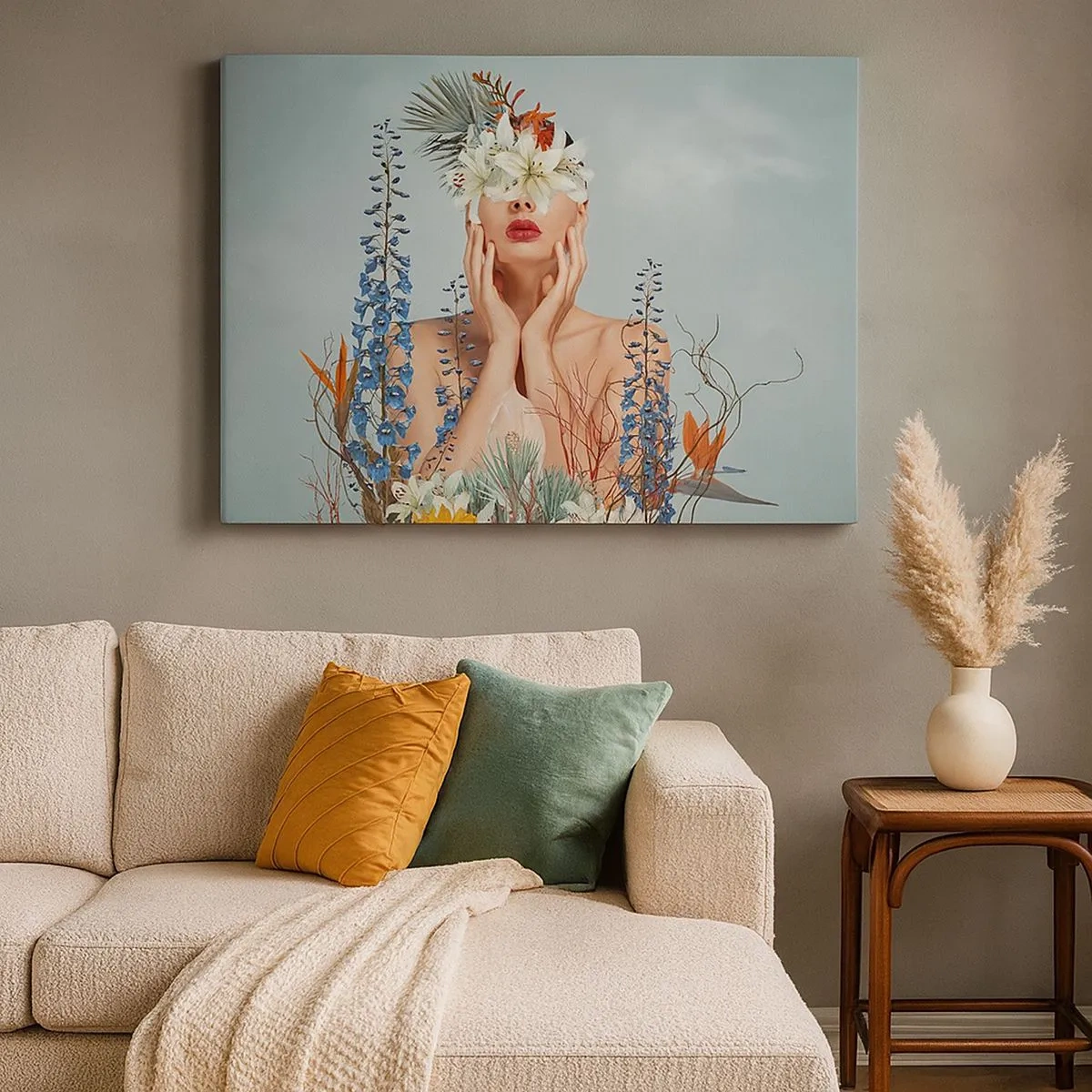 Tablou pe pânză Canvas - Portret de femeie cu motiv floral pe fundal albastru - 70x50cm - Femeia floare - Decorațiune modernă pentru perete pentru living și dormitor ARTTOR