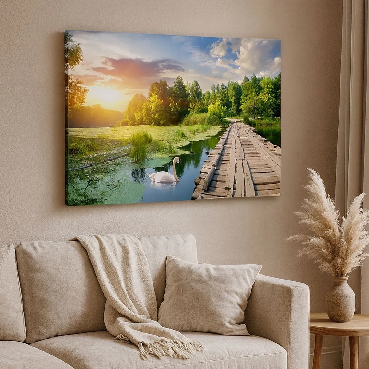 Tablou pe pânză Canvas - Un peisaj pitoresc cu un pod și o lebădă - 70x50cm - Vară, vară peste tot - Decorațiune modernă pentru perete pentru living și dormitor ARTTOR