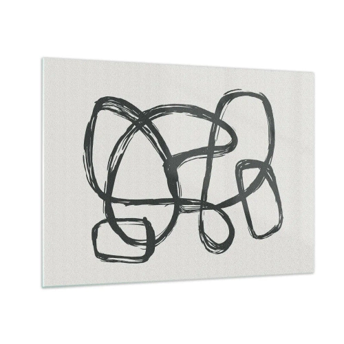 Tablou pe sticlă - Buclele și liniile negre formează o compoziție abstractă pe un fundal alb. - 70x50cm - Abstracție în buclă - Decorațiune modernă pentru perete pentru living și dormitor ARTTOR