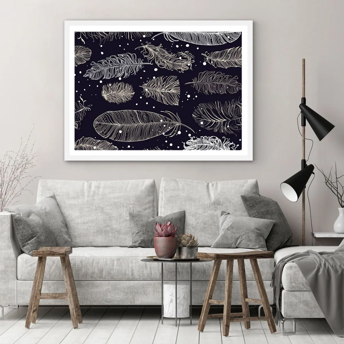 Poster în ramă albă - Dantelă cu pene - 70x50 cm