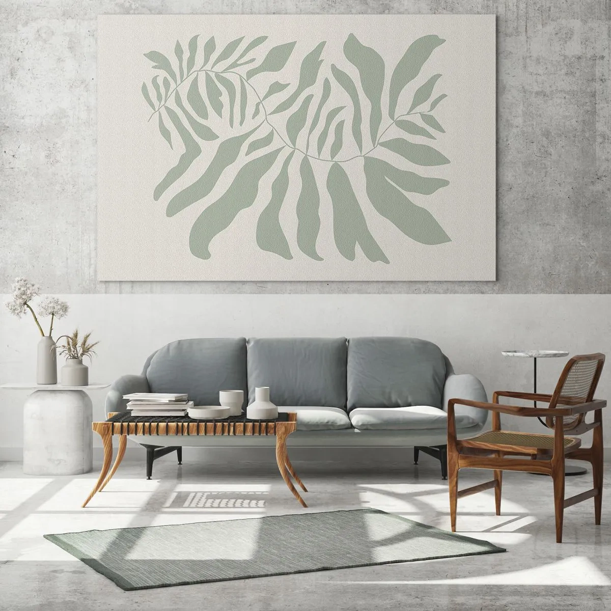 Tablou pe sticlă - O ramură de smarald cu forme organice pe un fundal deschis - 70x50cm - Ramura de smarald - Decorațiune modernă pentru perete pentru living și dormitor ARTTOR