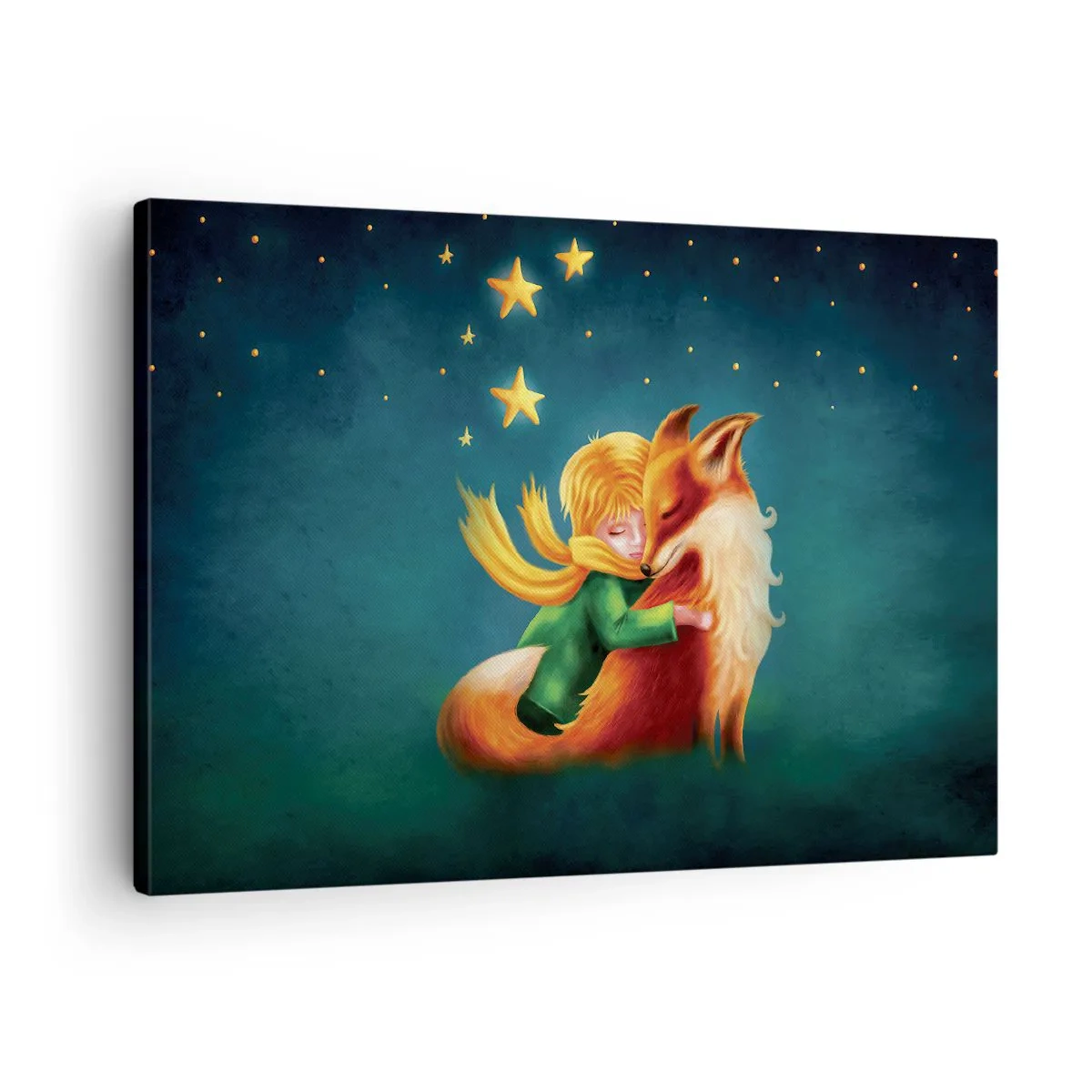 Tablou pe pânză Canvas - Un băiat cu o vulpe într-un decor magic cu stele - 70x50cm - Micul Prinț - Decorațiune modernă pentru perete pentru living și dormitor ARTTOR