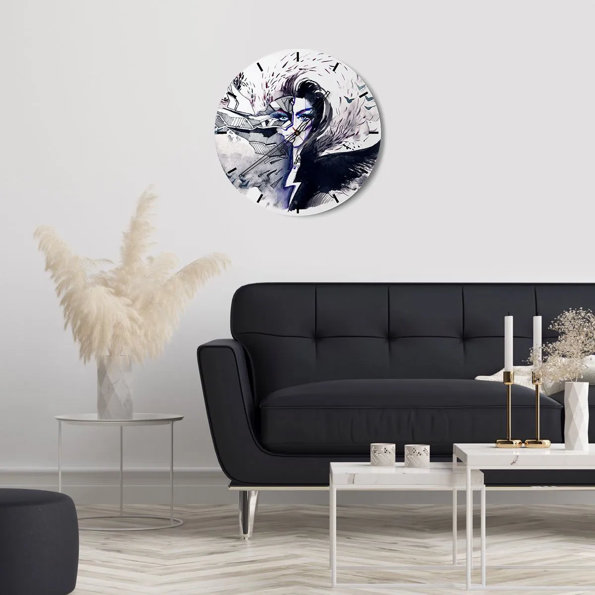 Ceas de perete - Ceas pe sticlă - Portret abstract al unei femei cu motiv demon și fulgere - 30x30cm - Demonică și frumoasă - Decorațiune modernă pentru perete pentru living, bucătărie și dormitor ARTTOR