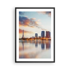 Poster în ramă neagră - Panoramă a Parisului cu Turnul Eiffel la amurg - 50x70cm - Calmul monumental al Parisului - Decorațiune modernă pentru perete pentru living și dormitor ARTTOR