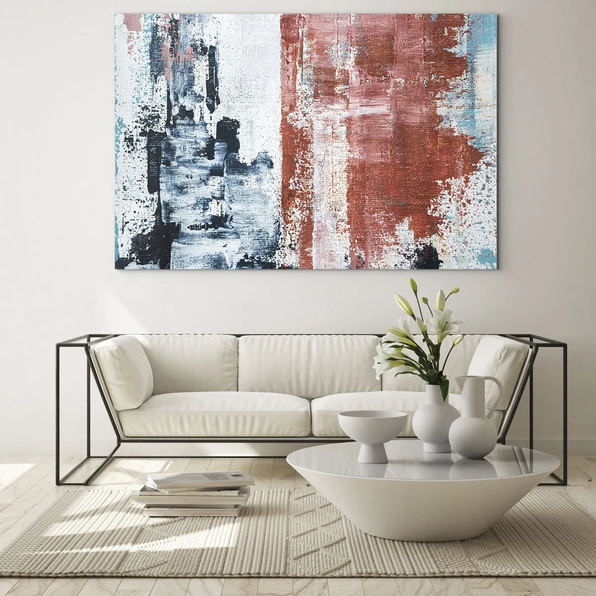 Tablou pe sticlă - O combinație abstractă de albastru și roșu ruginiu - 70x50cm - Jumi-juma abstract - Decorațiune modernă pentru perete pentru living și dormitor ARTTOR