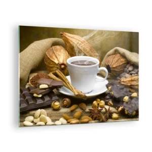 Tablou pe sticlă - O ceașcă de ciocolată caldă înconjurată de ciocolată și condimente - 70x50cm - Pentru amatorii de senzații tari - Decorațiune modernă pentru perete pentru living și dormitor ARTTOR
