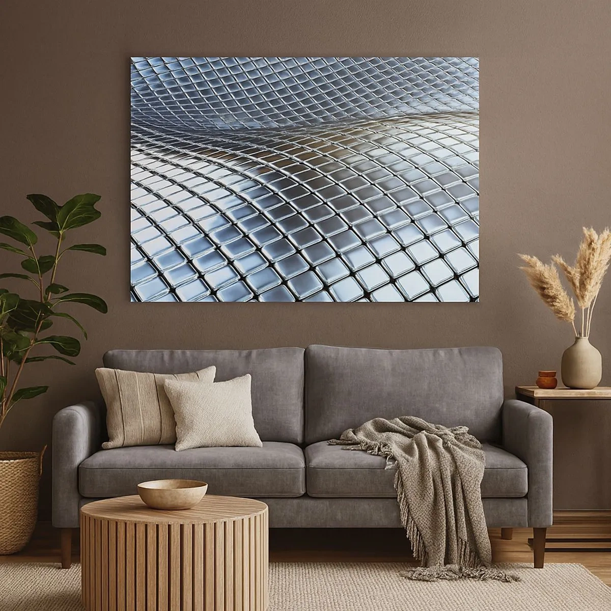 Tablou pe pânză Canvas - Structură modernă realizată din pătrate metalice - 70x50cm - Val metalic argintiu - Decorațiune modernă pentru perete pentru living și dormitor ARTTOR