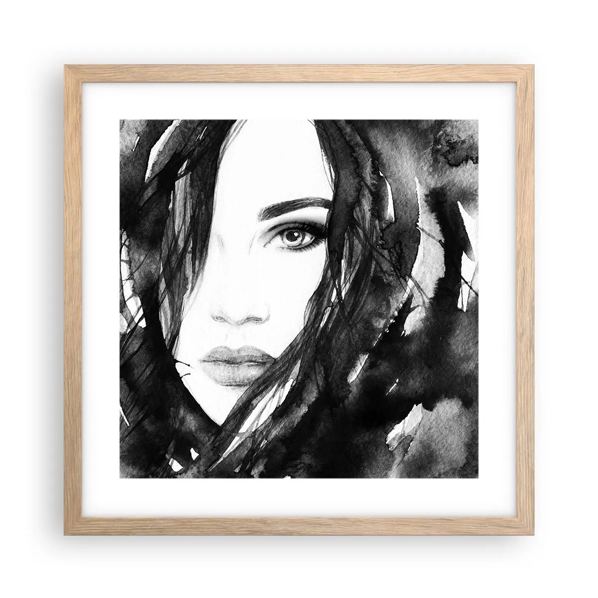 Poster în ramă de stejar deschis - Studiu unei dame în alb și negru - 40x40 cm