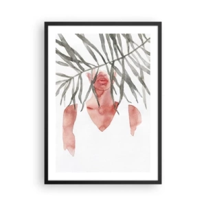 Poster în ramă neagră - Siluetă în acuarelă a unei femei ascunse în spatele frunzelor - 50x70cm - Doamna de la tropice - Decorațiune modernă pentru perete pentru living și dormitor ARTTOR