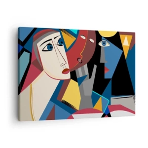 Tablou pe pânză Canvas - Fețe cubiste în culori intense - 70x50cm - Discuția cubiștilor - Decorațiune modernă pentru perete pentru living și dormitor ARTTOR