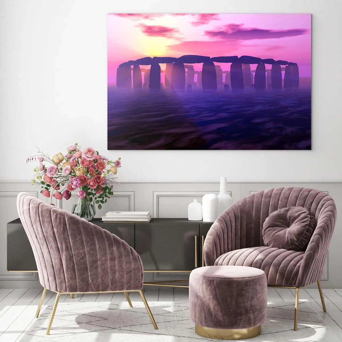 Tablou pe sticlă - Stonehenge în lumina unui apus roz - 70x50cm - Mister în zori de zi în ceață - Decorațiune modernă pentru perete pentru living și dormitor ARTTOR