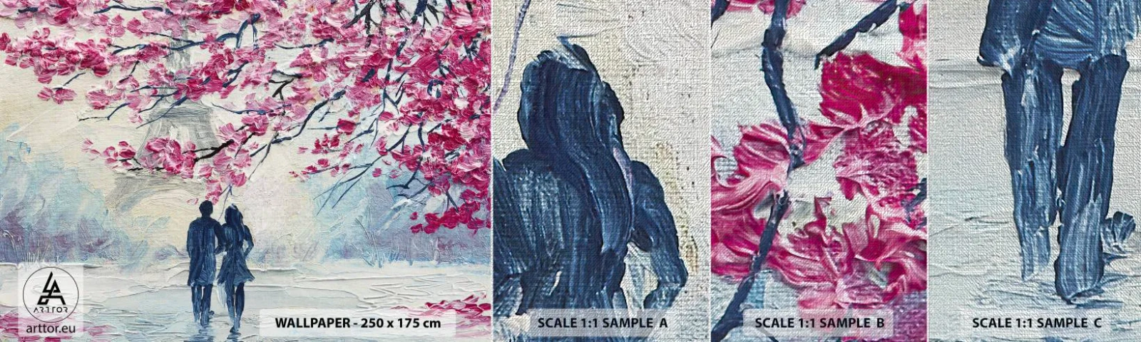 Mostră tapet Premium Canvas - Plimbare romantică - Paris, turnul Eiffel, Cuplu îndrăgostit - 100x30 cm