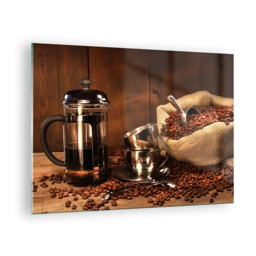 Tablou pe sticlă - Aparat de cafea, cești și un plic de boabe de cafea - 70x50cm - Magia cafelei - aromă și gust - Decorațiune modernă pentru perete pentru living și dormitor ARTTOR