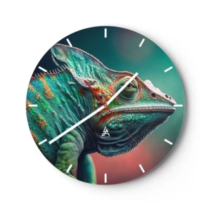 Ceas de perete - Ceas pe sticlă - Un prim-plan al unui cameleon colorat pe un fundal verde și roz. - 30x30cm - Mă poți vedea? Nu e bine... - Decorațiune modernă pentru perete pentru living, bucătărie și dormitor ARTTOR