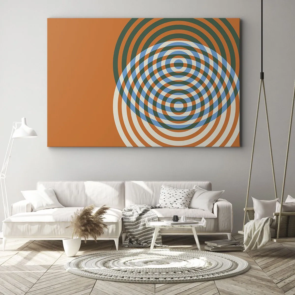 Tablou pe pânză Canvas - Cercuri concentrice pe un fundal portocaliu - 70x50cm - Variație circulară abstractă - Decorațiune modernă pentru perete pentru living și dormitor ARTTOR
