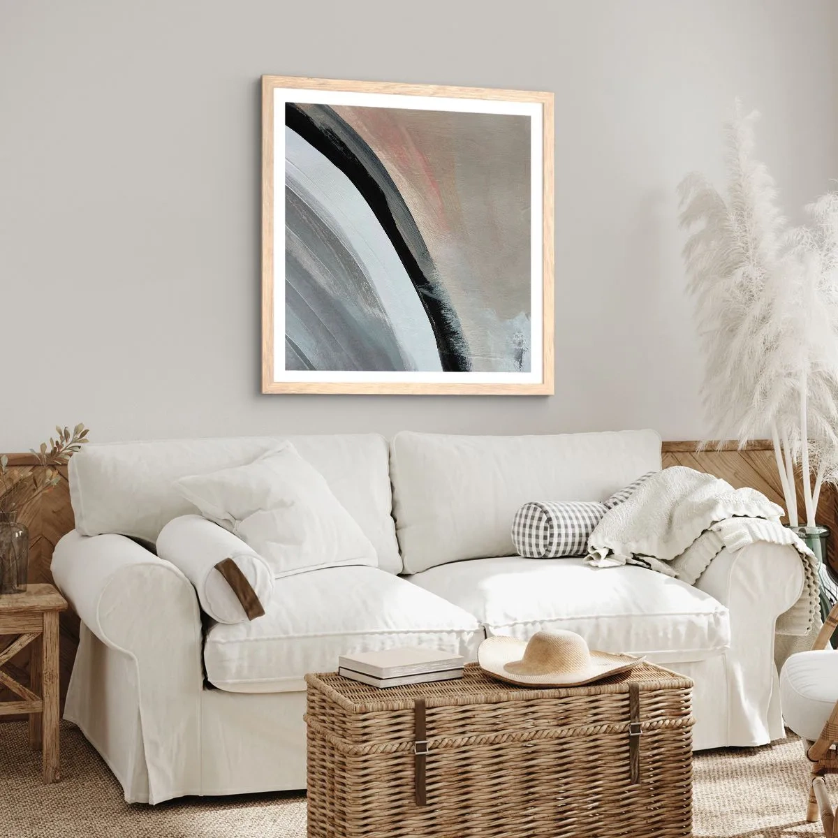 Poster în ramă de stejar deschis - Compoziție: arc de negru și gri - 60x60 cm