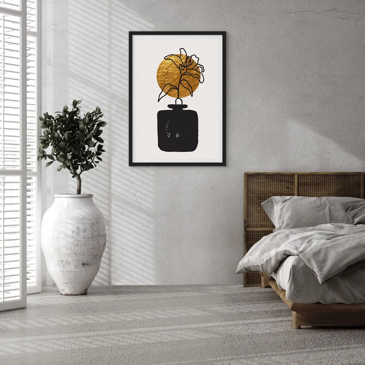 Poster în ramă neagră - Compoziție abstractă cu o floare și un cerc auriu - 50x70cm - Cât cântărește aurul? - Decorațiune modernă pentru perete pentru living și dormitor ARTTOR