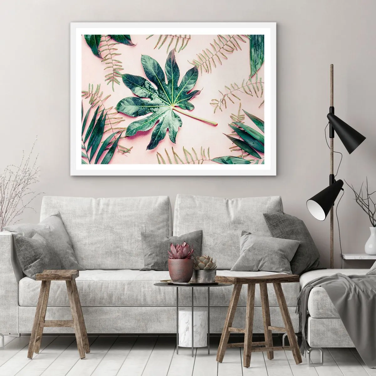 Poster în ramă albă - Studiu de verdeață pe un fundal roz - 100x70 cm