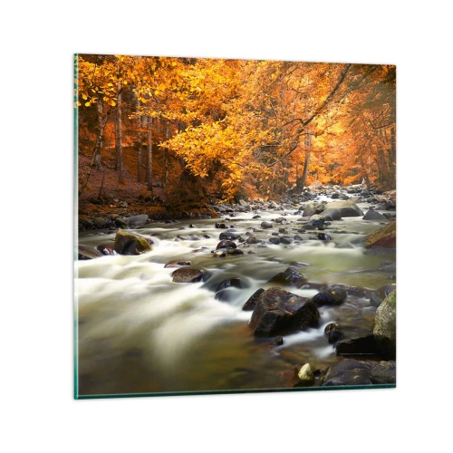 Tablou pe sticlă - Un pârâu într-o pădure de aur - 30x30 cm