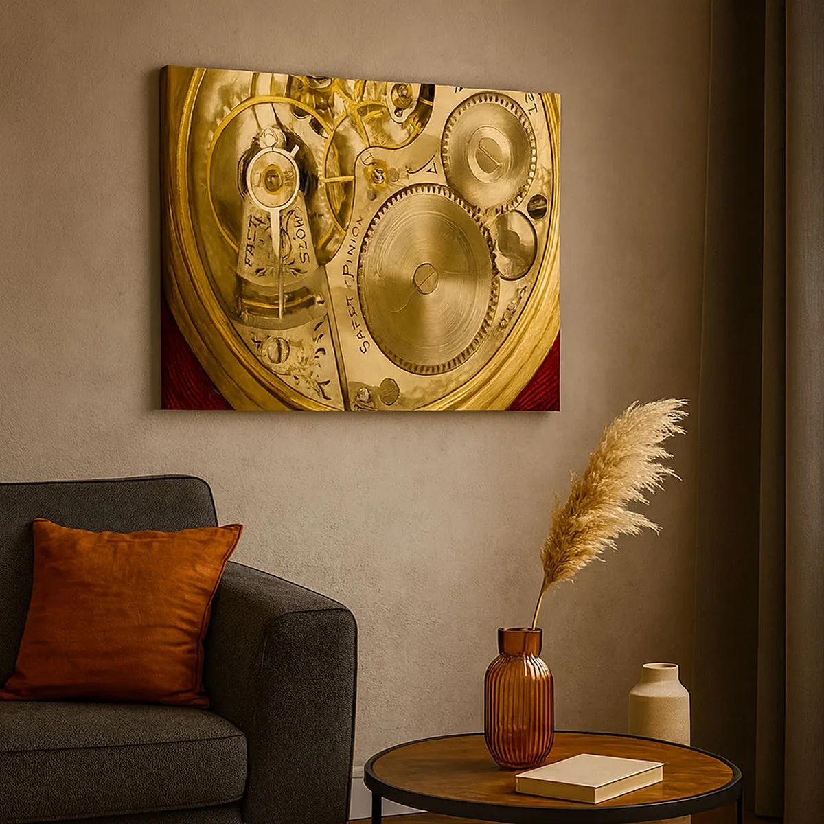 Tablou pe pânză Canvas - Mecanism de ceas cu angrenaje și detalii vizibile - 70x50cm - Fii în pas cu vremurile - Decorațiune modernă pentru perete pentru living și dormitor ARTTOR