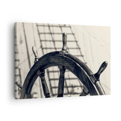Tablou pe pânză Canvas - O cârmă de navigație în stil retro cu o navă în fundal - 70x50cm - Povești despre mare - Decorațiune modernă pentru perete pentru living și dormitor ARTTOR