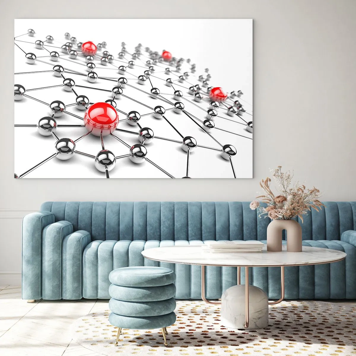Tablou pe sticlă - Rețea moleculară de argint cu accente roșii - 70x50cm - Plasă de argint - Decorațiune modernă pentru perete pentru living și dormitor ARTTOR
