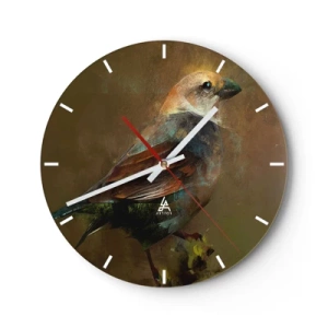 Ceas de perete - Ceas pe sticlă - O pasăre colorată pe un fundal în nuanțe de maro - 30x30cm - Vrăbiuță, o pasăre micuță - Decorațiune modernă pentru perete pentru living, bucătărie și dormitor ARTTOR