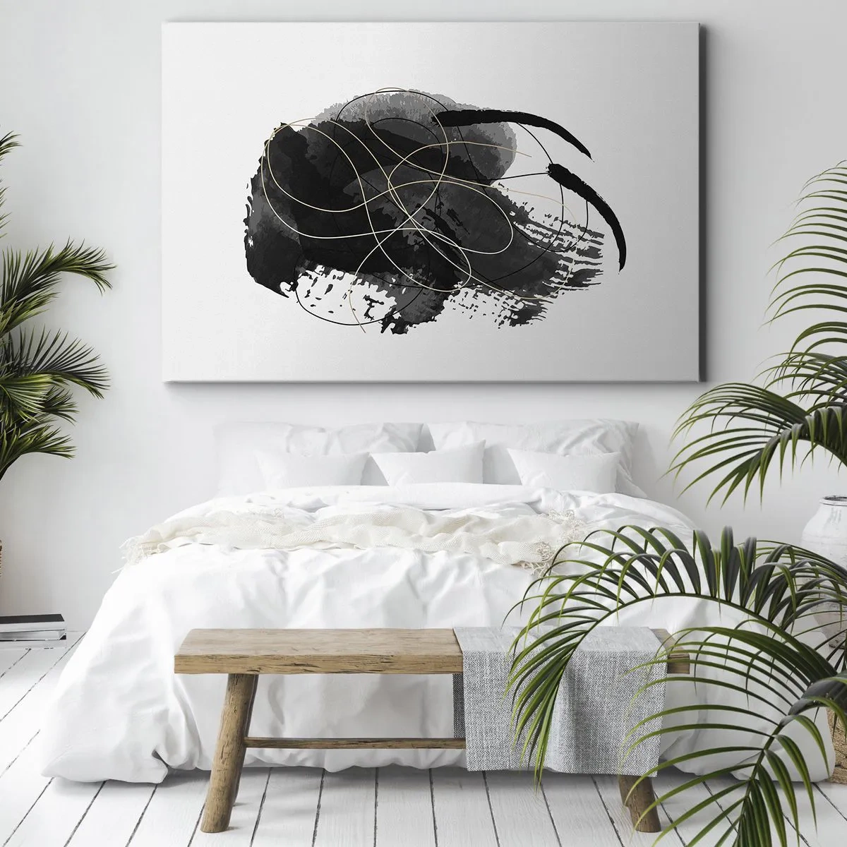 Tablou pe pânză Canvas - Abstracție în negru și auriu pe fundal alb - 70x50cm - Provenit din negru - Decorațiune modernă pentru perete pentru living și dormitor ARTTOR