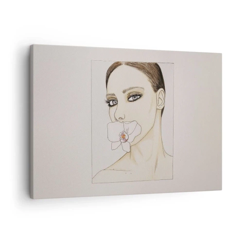 Tablou pe pânză Canvas - Portretul unei femei cu o orhidee în culori delicate - 70x50cm - Un simbol al eleganței și frumuseții - Decorațiune modernă pentru perete pentru living și dormitor ARTTOR