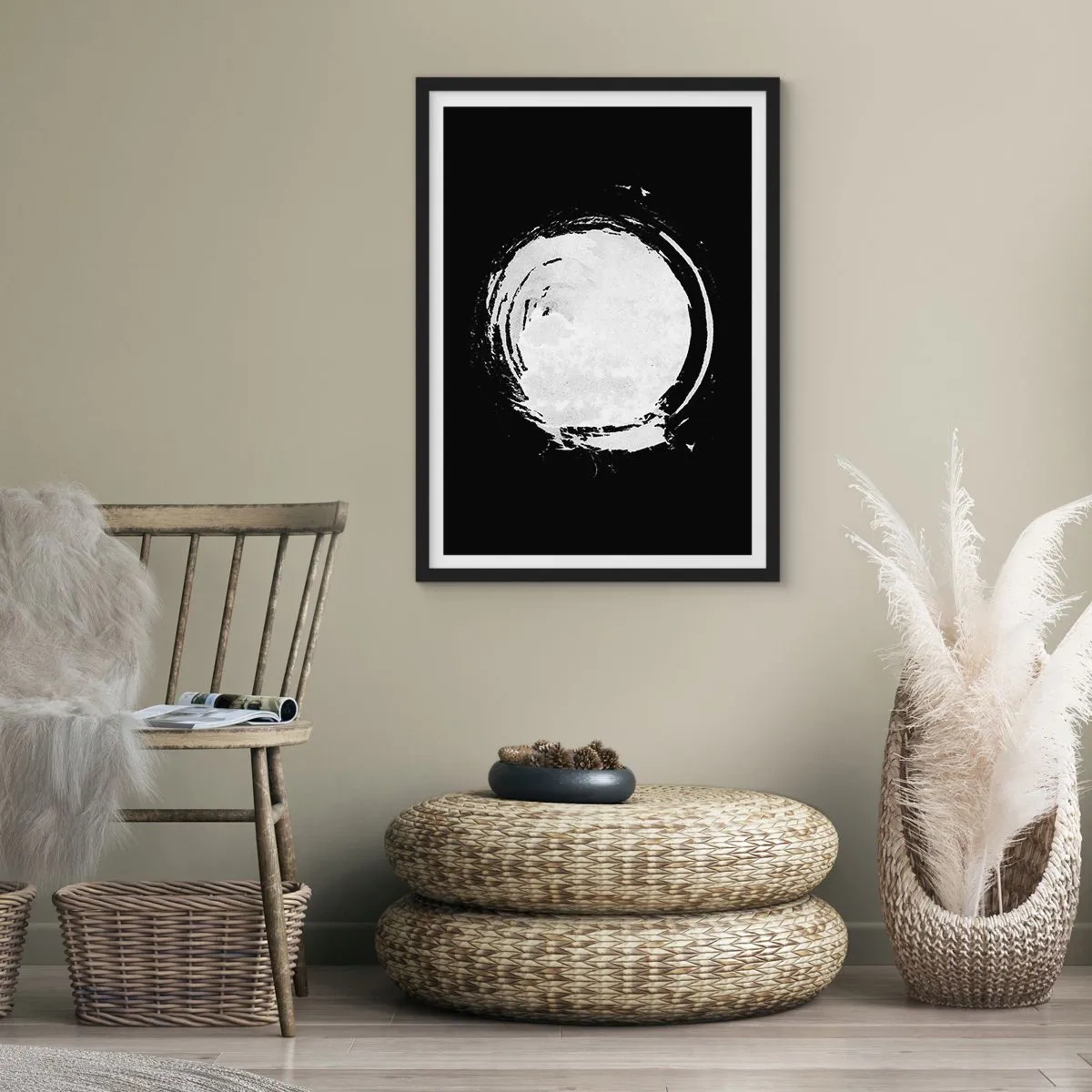 Poster în ramă neagră - Formă de cerc abstract alb pe fundal negru - 50x70cm - O ieșire bună - Decorațiune modernă pentru perete pentru living și dormitor ARTTOR
