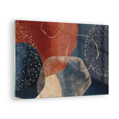 Tablou pe sticlă - Forme abstracte în nuanțe de albastru marin și cupru - 70x50cm - Ușurința de a fi - Decorațiune modernă pentru perete pentru living și dormitor ARTTOR