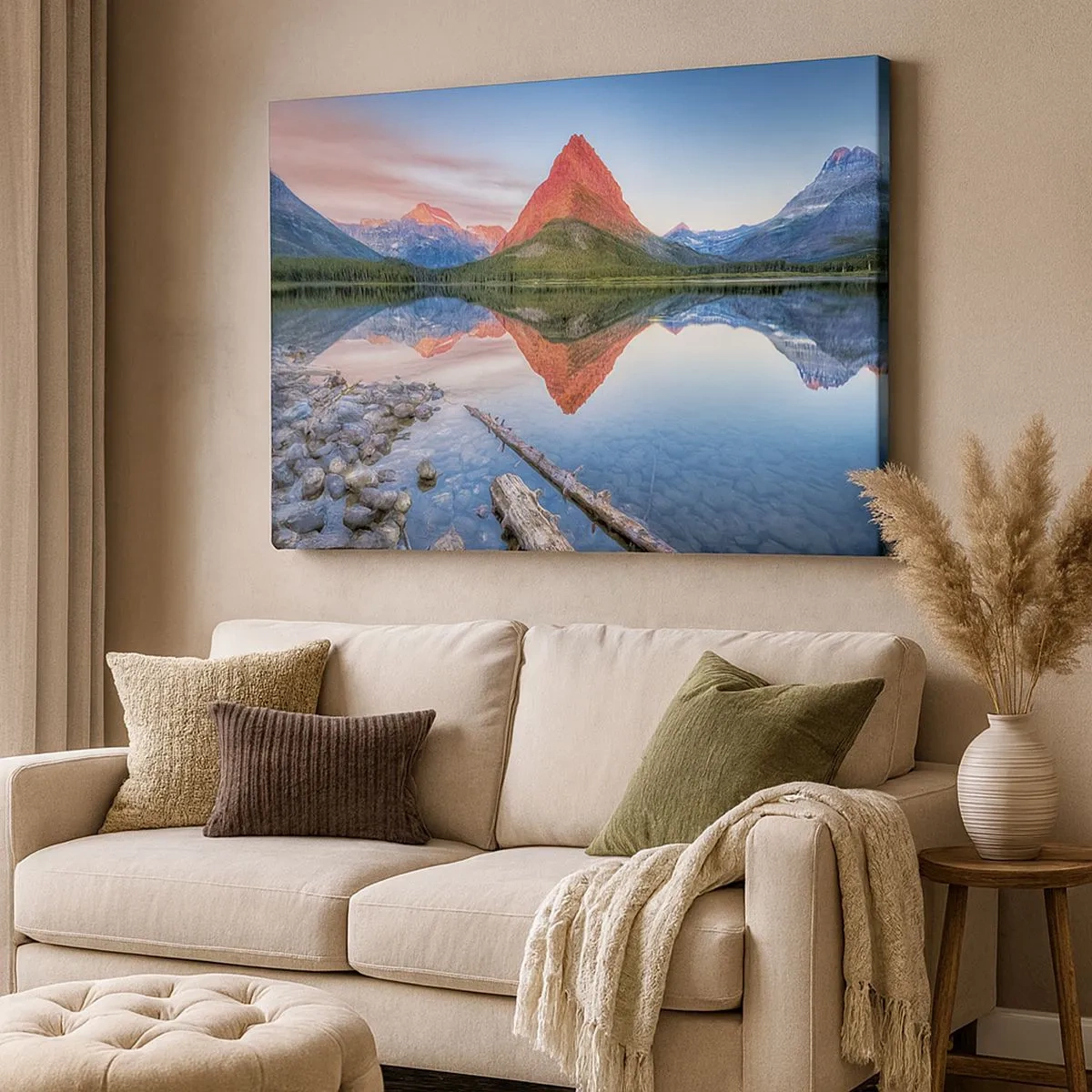 Tablou pe pânză Canvas - Un munte reflectat într-un lac la apus - 70x50cm - Căldură și frig - Decorațiune modernă pentru perete pentru living și dormitor ARTTOR