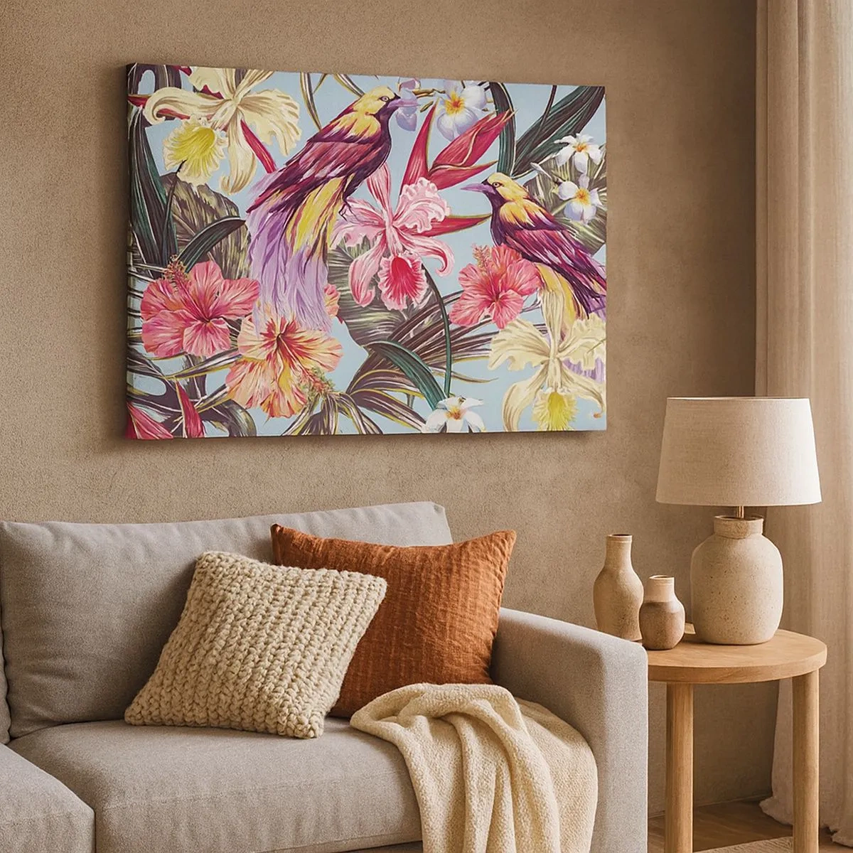 Tablou pe pânză Canvas - Păsări exotice printre flori tropicale - 70x50cm - Petale și pene - Decorațiune modernă pentru perete pentru living și dormitor ARTTOR