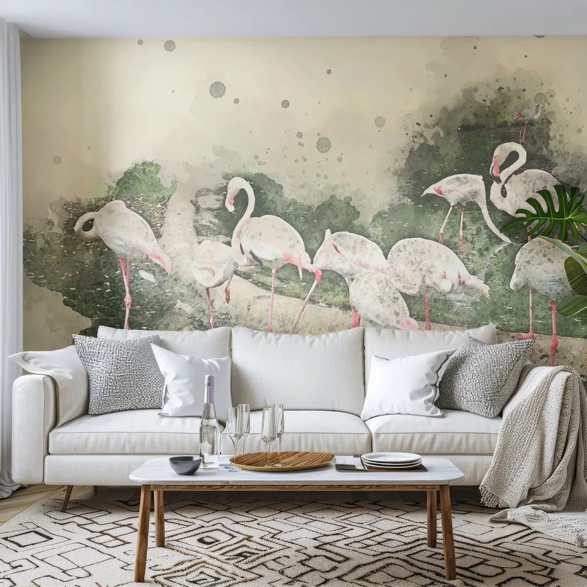 Tapet Standard Eco - Un grup de flamingo lângă apă, într-un stil artistic de acuarelă. - 100x70cm - Un vis exotic - Decorațiune modernă pentru perete pentru living și dormitor ARTTOR