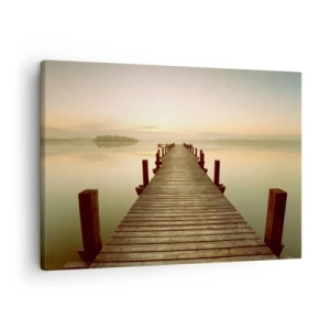 Tablou pe pânză Canvas - Un debarcader de lemn pe un lac liniștit dimineața - 70x50cm - Înainte de răsărit, zori, lumină - Decorațiune modernă pentru perete pentru living și dormitor ARTTOR
