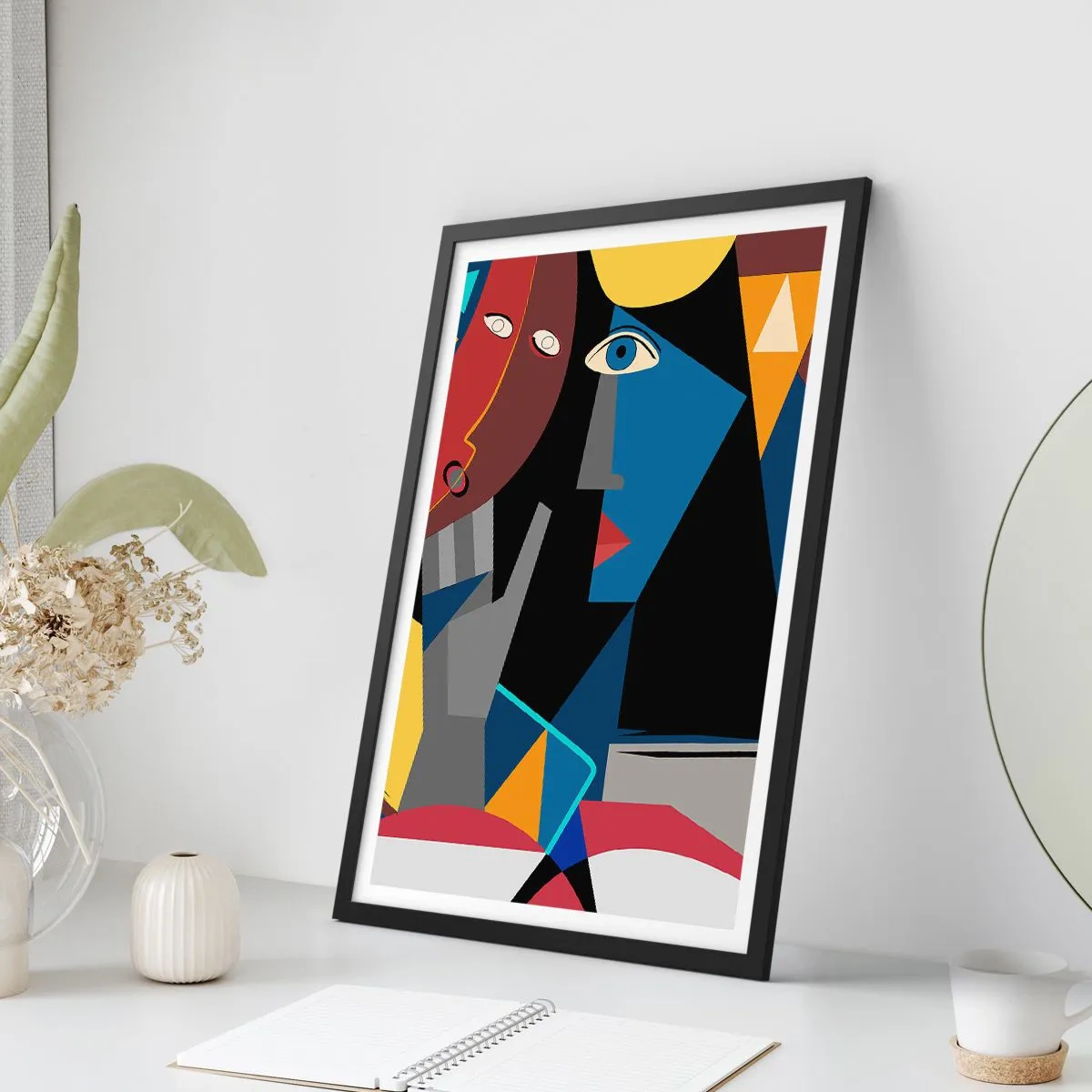 Poster în ramă neagră - Abstracție cubistă a unei fețe în culori vii - 50x70cm - Discuția cubiștilor - Decorațiune modernă pentru perete pentru living și dormitor ARTTOR