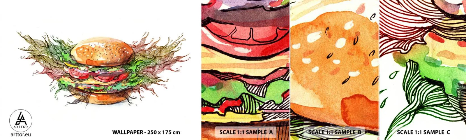 Mostră tapet autocolant Deluxe Sticker - Tentație fierbinte - Gastronomie, Hamburger, Culinar - 100x30 cm