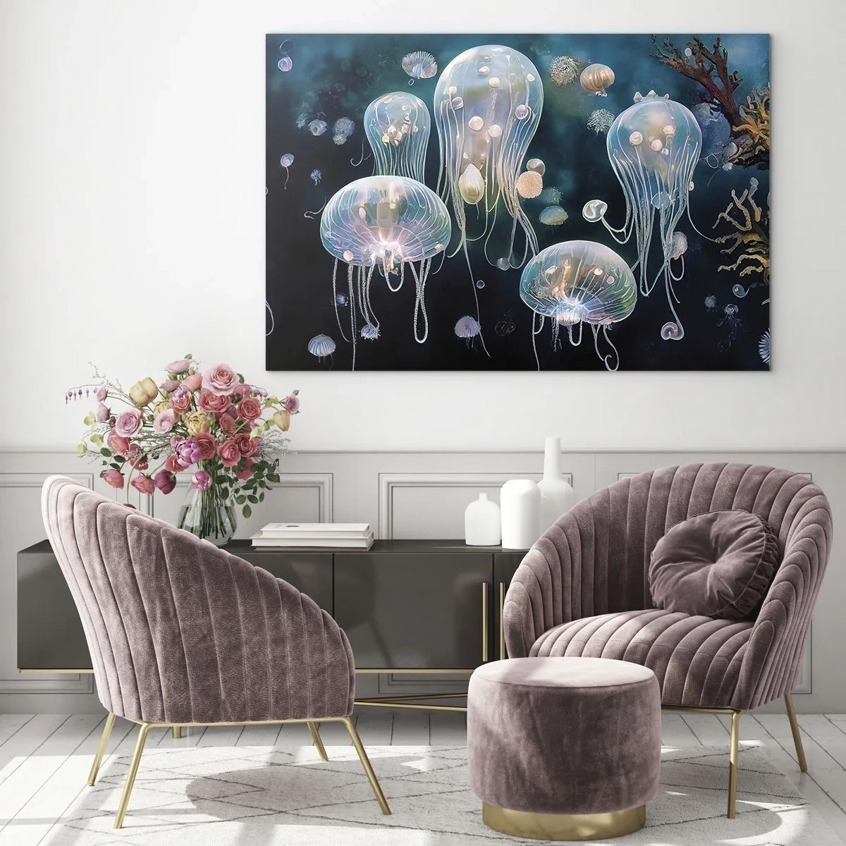 Tablou pe sticlă - Meduzele în dansul luminos al lumii subacvatice - 70x50cm - Balul subacvatic - Decorațiune modernă pentru perete pentru living și dormitor ARTTOR