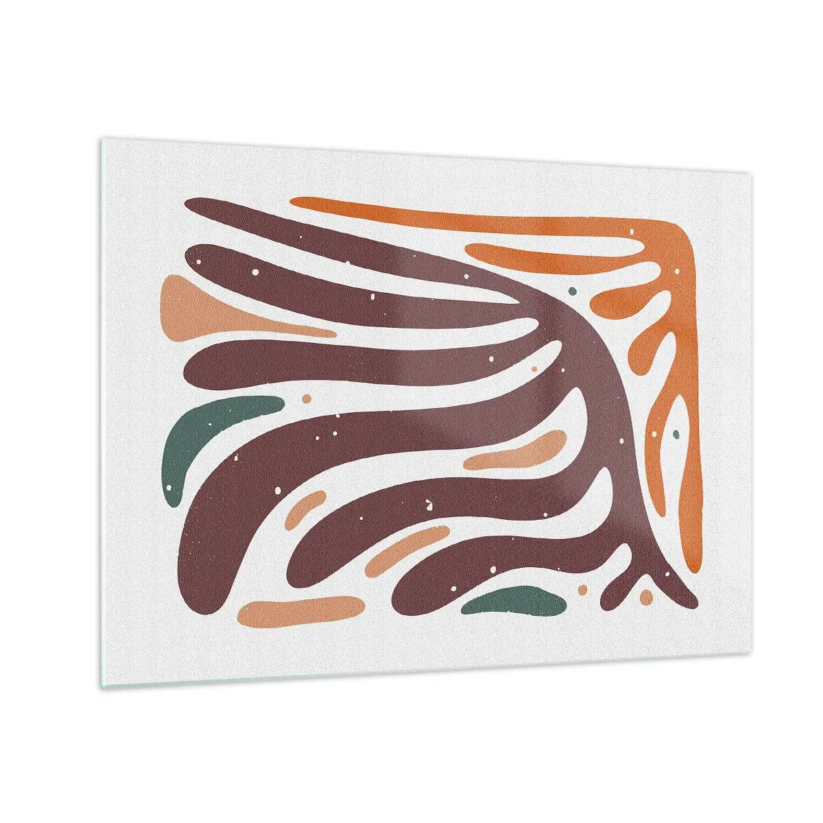 Tablou pe sticlă - Forme abstracte în nuanțe de maro și portocaliu care radiază pe un fundal alb - 70x50cm - Compoziție organică radială - Decorațiune modernă pentru perete pentru living și dormitor ARTTOR