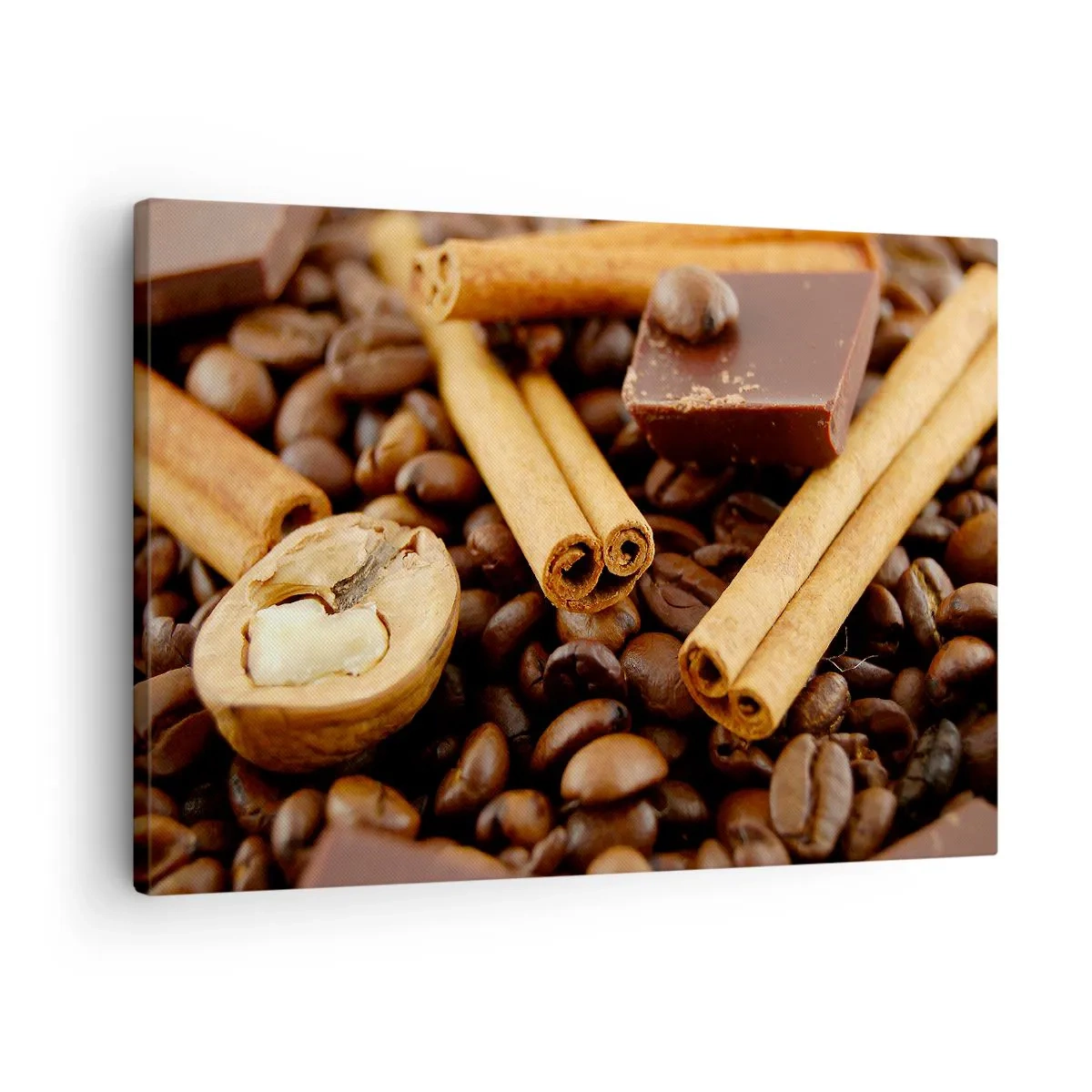 Tablou pe pânză Canvas - Boabe de cafea cu bețișoare de scorțișoară, ciocolată și nuci. - 70x50cm - Concert de arome - Decorațiune modernă pentru perete pentru living și dormitor ARTTOR