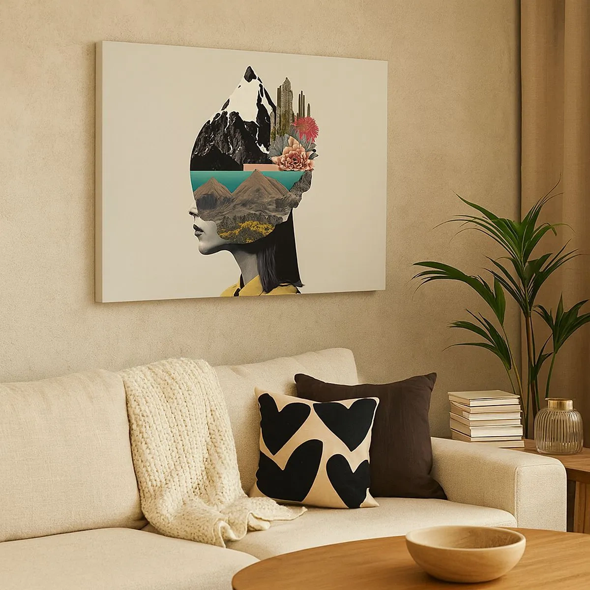 Tablou pe pânză Canvas - Colaj cu o femeie cu un peisaj montan și flori - 70x50cm - Femeia - întotdeauna un mister - Decorațiune modernă pentru perete pentru living și dormitor ARTTOR