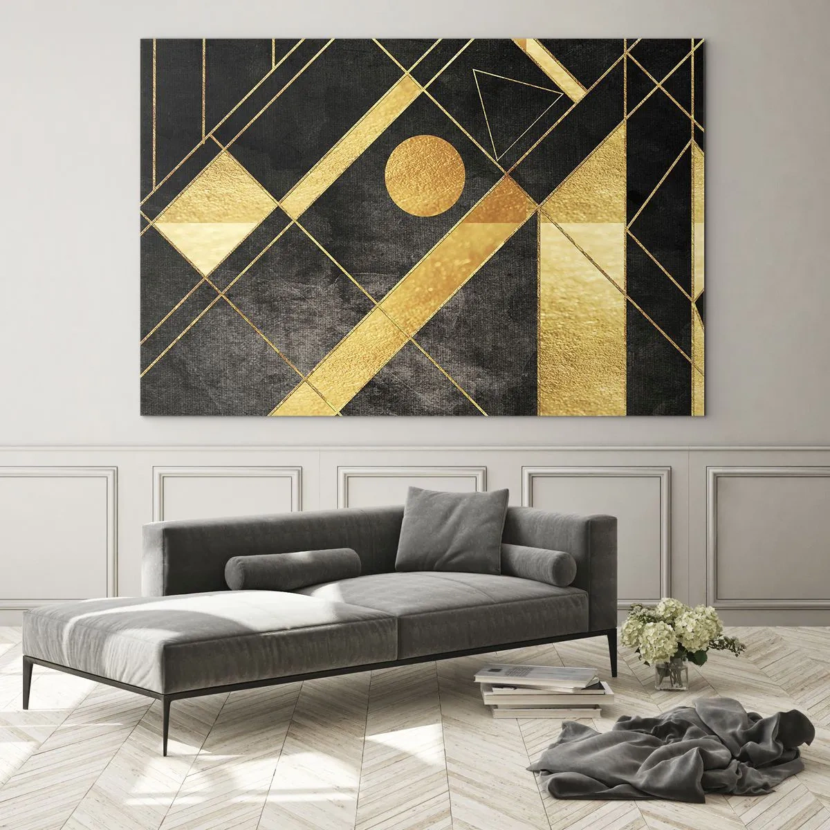 Tablou pe sticlă - Modele geometrice aurii pe fundal negru - 70x50cm - Soarele deșertului - Decorațiune modernă pentru perete pentru living și dormitor ARTTOR