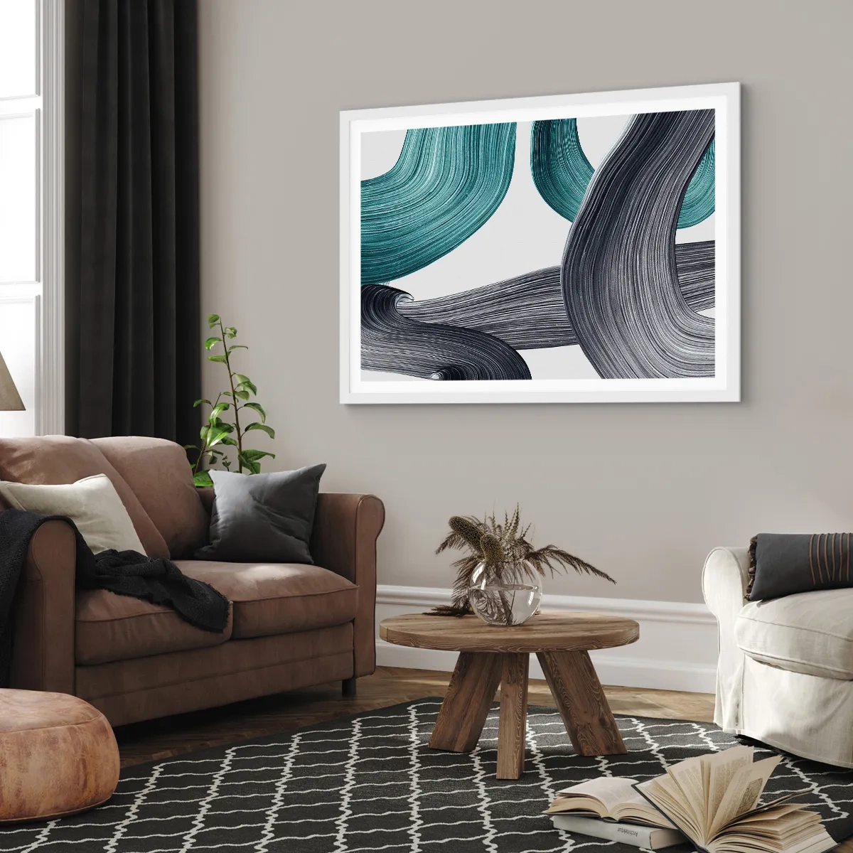 Poster în ramă albă - Trasee de smarald și negru - 100x70 cm