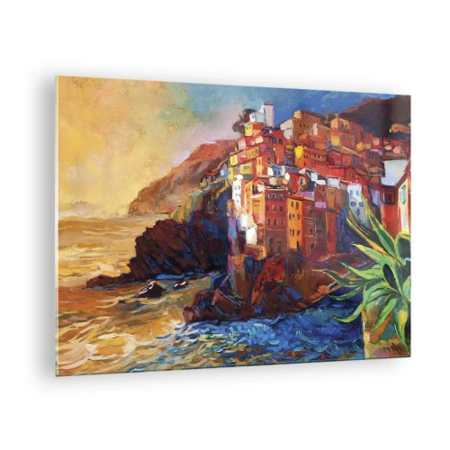 Tablou pe sticlă - Un oraș colorat pe o stâncă cu vedere la mare - 70x50cm - Oraș italian de vis - Decorațiune modernă pentru perete pentru living și dormitor ARTTOR