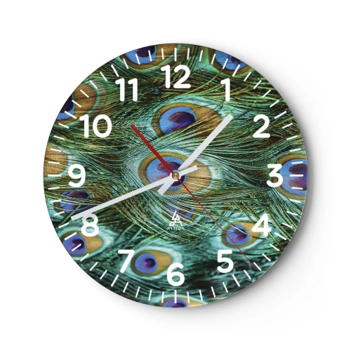 Ceas de perete - Ceas pe sticlă - O privire cu ochi de păun - 40x40 cm