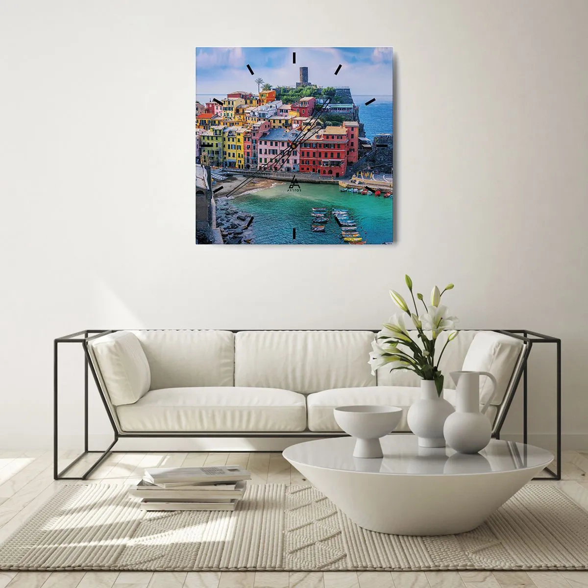 Ceas de perete - Ceas pe sticlă - Orașul mediteraneean magic - 30x30 cm