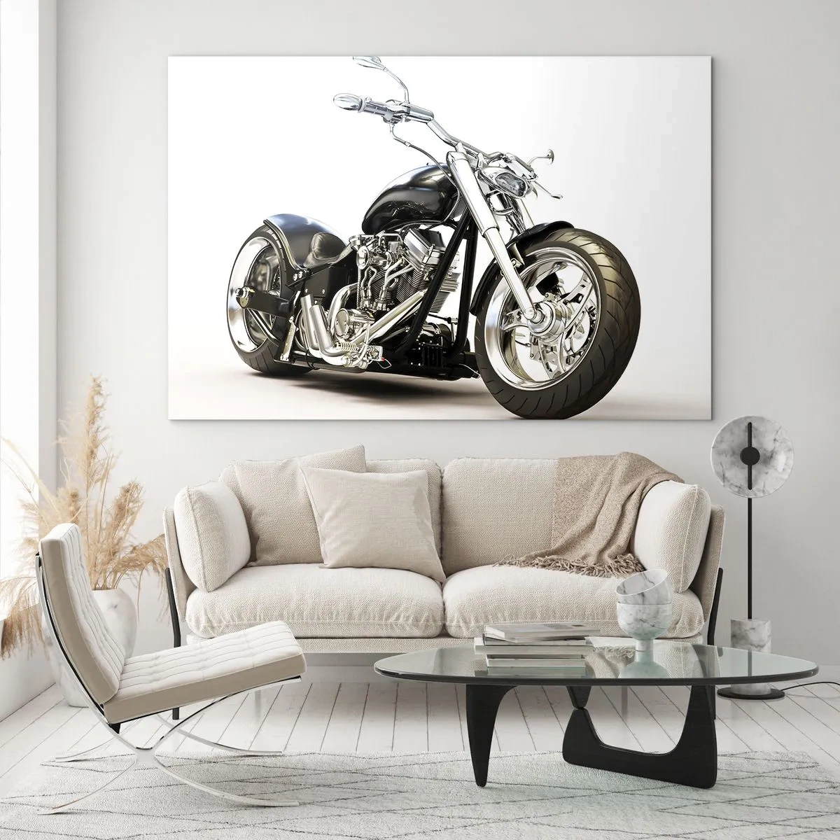 Tablou pe sticlă - O motocicletă chopper neagră pe un fundal deschis - 70x50cm - Putere cu caracter - Decorațiune modernă pentru perete pentru living și dormitor ARTTOR